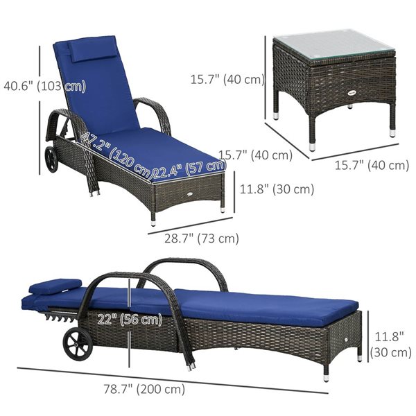 Outsunny 3-Piece Wheeled Patio Rattan Chaise Lounge Set - Dark Blue