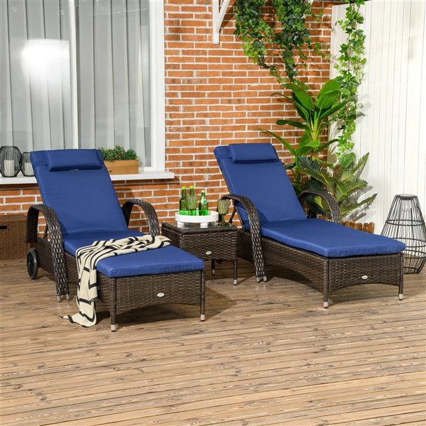 Outsunny 3-Piece Wheeled Patio Rattan Chaise Lounge Set - Dark Blue