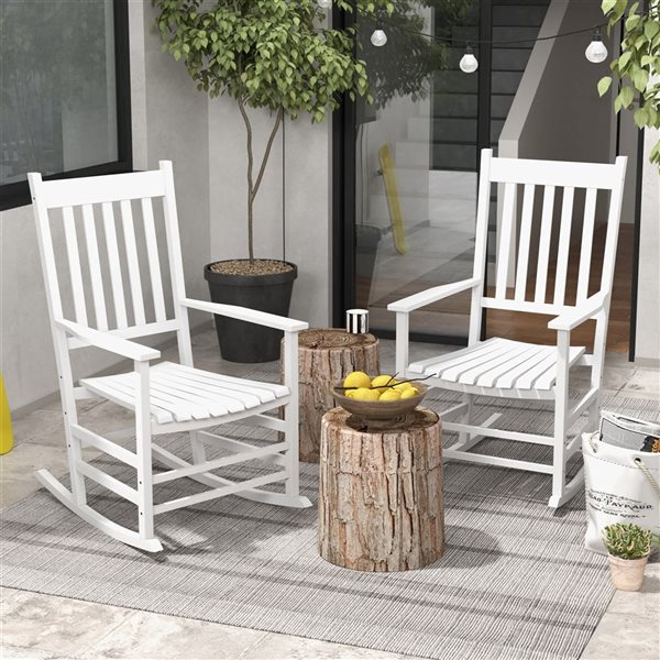 Outsunny 2 Patio Rocking Chairs w/ Slatted Seat - White