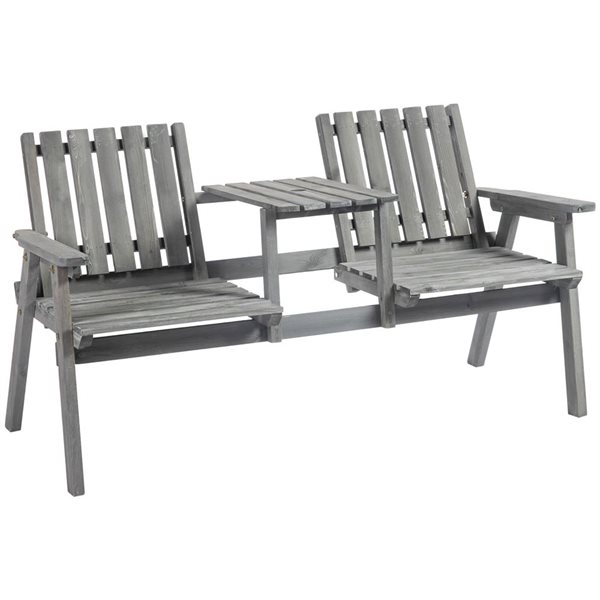 Outsunny 2-Seater Wood Outdoor Bench with Table and Parasol Hole - Grey