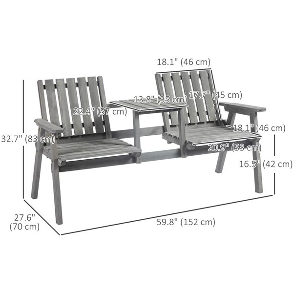 Outsunny 2-Seater Wood Outdoor Bench with Table and Parasol Hole - Grey