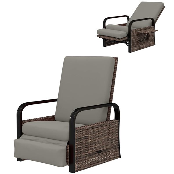 Outsunny Wicker Outdoor Recliner Lounge Chair with Side Tray - Grey
