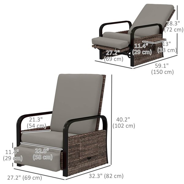 Outsunny Wicker Outdoor Recliner Lounge Chair with Side Tray - Grey