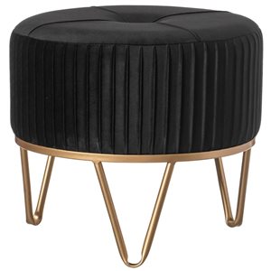 Fabulaxe 15.75 x 14.5 x 15.75-in Round Black Velvet Ottoman Stool with Hairpin Gold Base
