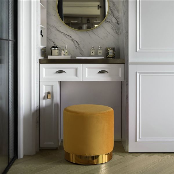 Fabulaxe 15.75-in Modern Round Mustard Velvet Ottoman Stool with Gold Base