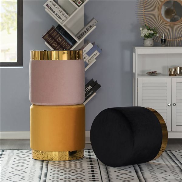 Fabulaxe 15.75-in Modern Round Mustard Velvet Ottoman Stool with Gold Base