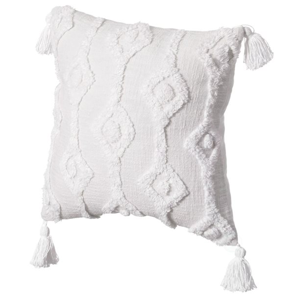 Deerlux 16-in White Handwoven Cotton Throw Pillow Cover with Small White Tufted Diamond Pattern and Tassel Corners