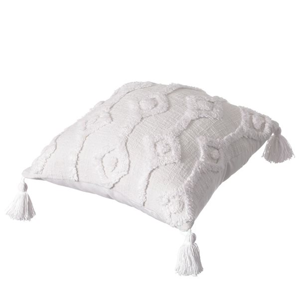 Deerlux 16-in White Handwoven Cotton Throw Pillow Cover with Small White Tufted Diamond Pattern and Tassel Corners