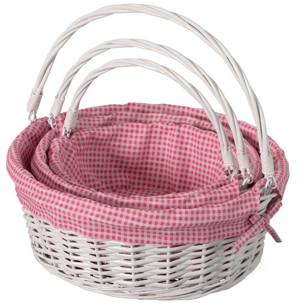 Wickerwise Set of 3 Round Willow Basket with Pink/White Gingham Liner and Foldable Handles