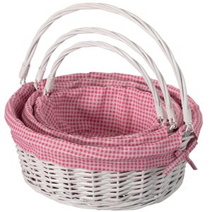 Wickerwise Set of 3 Round Willow Basket with Pink/White Gingham Liner and Foldable Handles