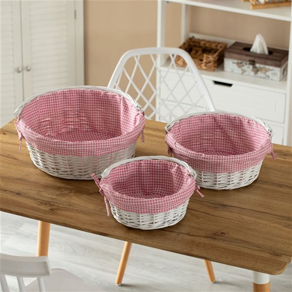 Wickerwise Set of 3 Round Willow Basket with Pink/White Gingham Liner and Foldable Handles