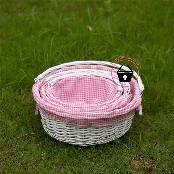 Wickerwise Set of 3 Round Willow Basket with Pink/White Gingham Liner and Foldable Handles