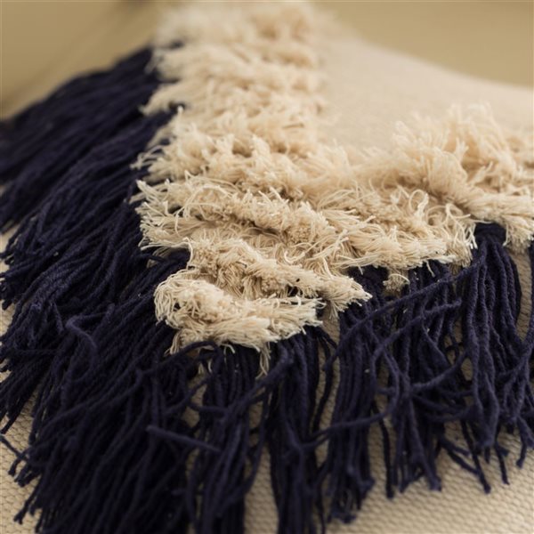 Deerlux 16-in Navy Handwoven Cotton Throw Pillow Cover with Embossed and Fringed Crossed Line