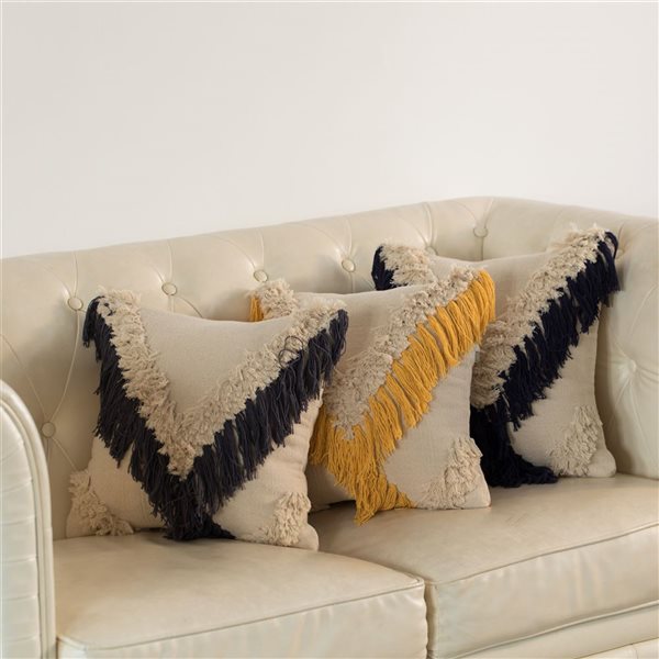 Deerlux 16-in Navy Handwoven Cotton Throw Pillow Cover with Embossed and Fringed Crossed Line