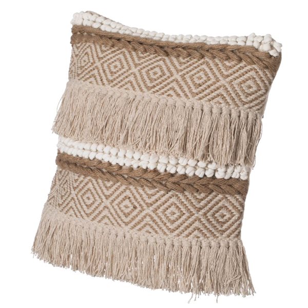 Deerlux 16-in Natural Handwoven Cotton Throw Pillow Cover with Embossed White Dots and Natural Fringed Pattern
