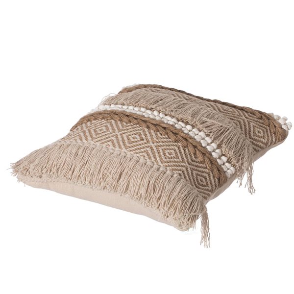 Deerlux 16-in Natural Handwoven Cotton Throw Pillow Cover with Embossed White Dots and Natural Fringed Pattern