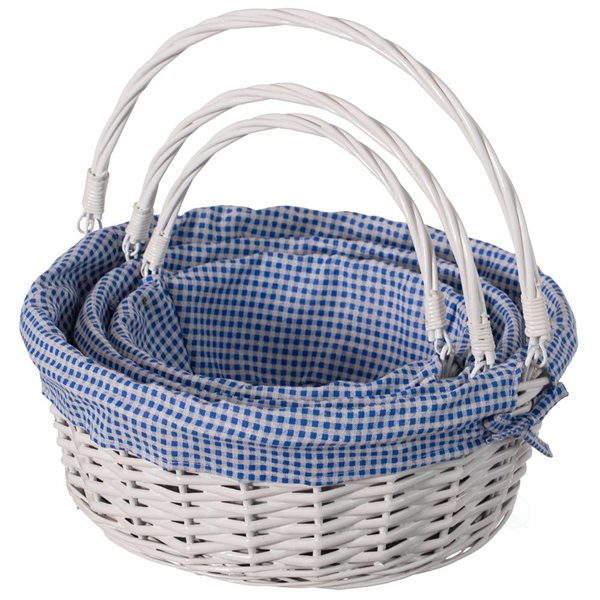 Wickerwise Set of 3 Round Willow Basket with Blue/White Gingham Liner and Foldable Handles
