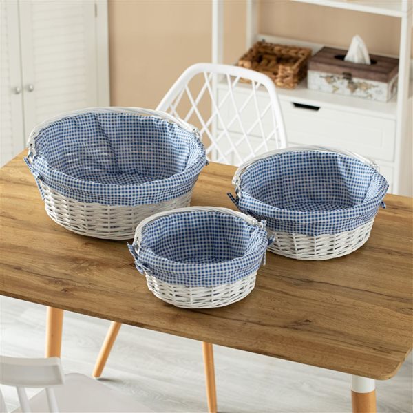 Wickerwise Set of 3 Round Willow Basket with Blue/White Gingham Liner and Foldable Handles