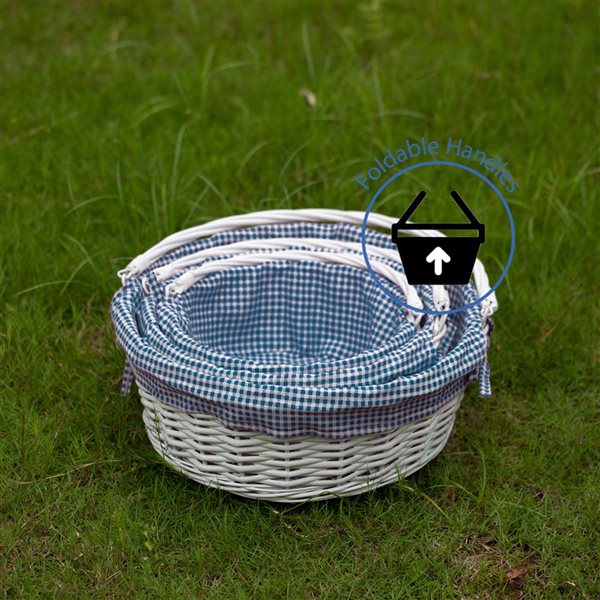 Wickerwise Set of 3 Round Willow Basket with Blue/White Gingham Liner and Foldable Handles