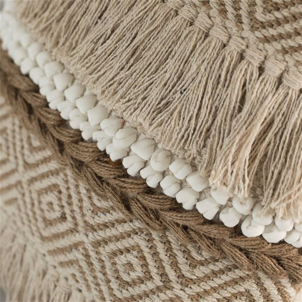 Deerlux 16-in Natural Handwoven Cotton Throw Pillow Cover with Embossed White Dots and Natural Fringed Pattern