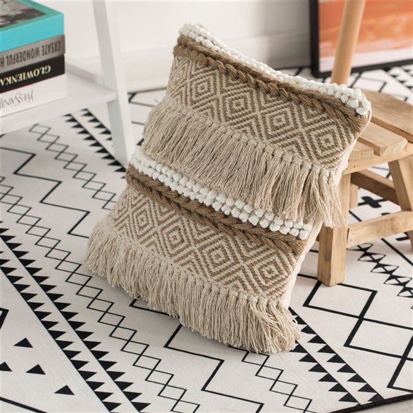 Deerlux 16-in Natural Handwoven Cotton Throw Pillow Cover with Embossed White Dots and Natural Fringed Pattern