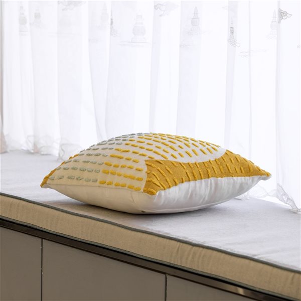 Deerlux 16-in Mustard Handwoven Cotton Throw Pillow Cover with Ribbed Line Dots and Wave Border