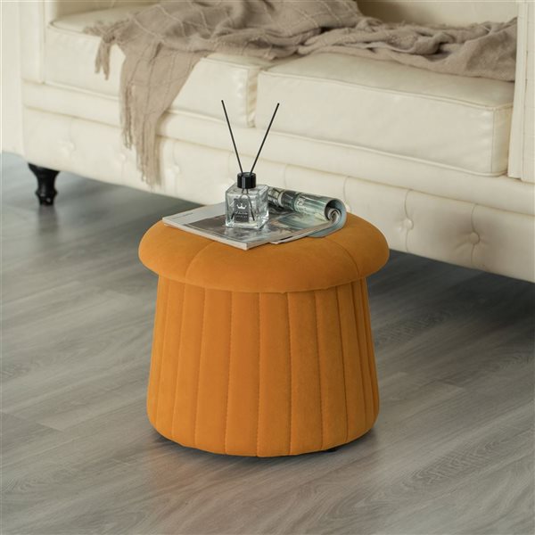 Fabulaxe 16 x 14 x 16-in Tufted Mustard Yellow Velvet Mushroom Shape Storage Ottoman