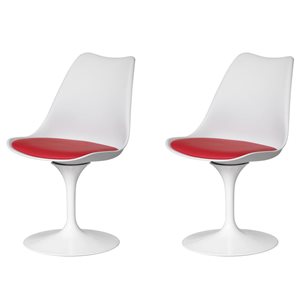 Fabulaxe Set of 2 Polypropylene White Tulip Swivel Accent Chair with Red Cushioned Seat