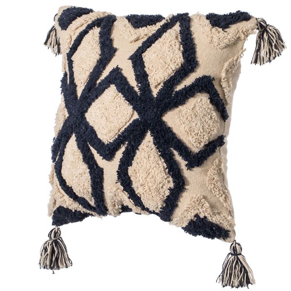 Deerlux 16-in Blue Handwoven Cotton Throw Pillow Cover with Tufted Blue & White Geometric Pattern and Corner Tassels