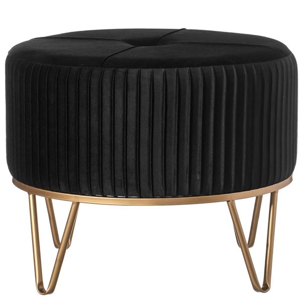 Fabulaxe 20.75 x 16.5 x 20.75-in Round Black Velvet Ottoman Stool with Hairpin Gold Base