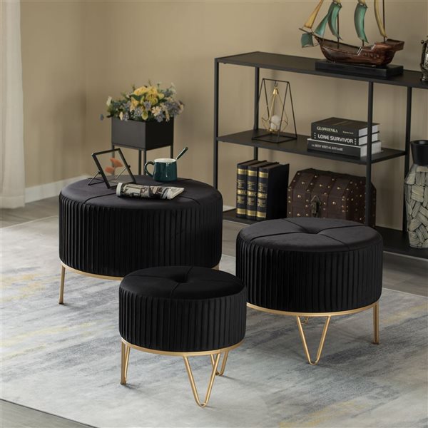 Fabulaxe 20.75 x 16.5 x 20.75-in Round Black Velvet Ottoman Stool with Hairpin Gold Base
