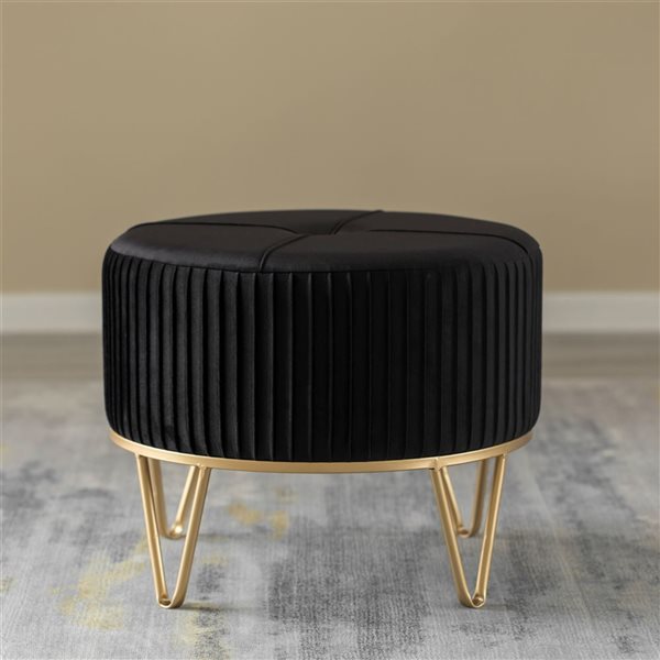 Fabulaxe 20.75 x 16.5 x 20.75-in Round Black Velvet Ottoman Stool with Hairpin Gold Base