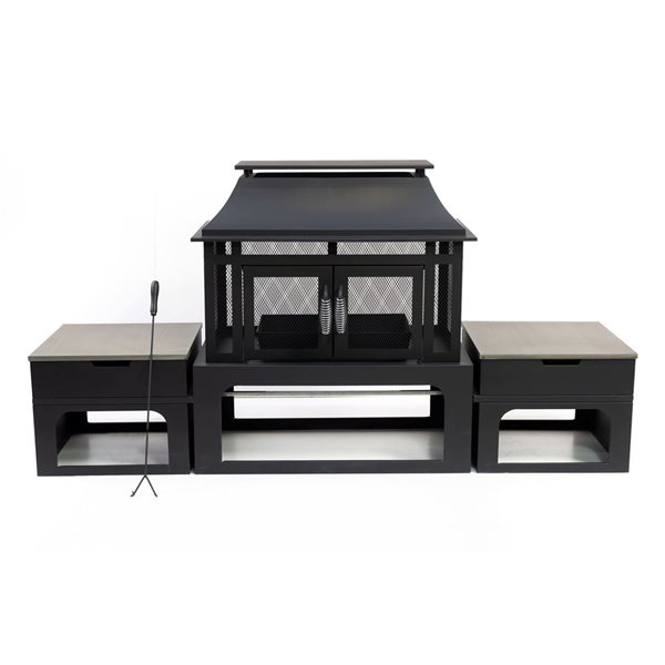 Deko Living Black Steel 70-in W Rectangular Outdoor Woodburning Fireplace w/ Log Storage Compartment and Side Tables