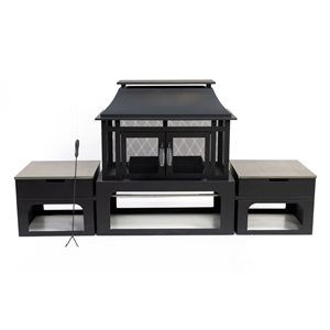 Deko Living Black Steel 70-in W Rectangular Outdoor Woodburning Fireplace w/ Log Storage Compartment and Side Tables