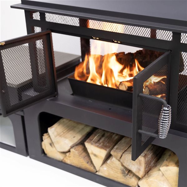 Deko Living Black Steel 70-in W Rectangular Outdoor Woodburning Fireplace w/ Log Storage Compartment and Side Tables
