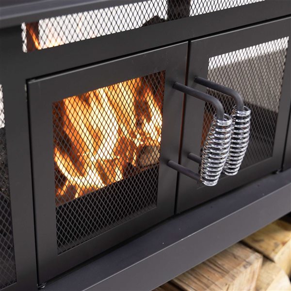 Deko Living Black Steel 70-in W Rectangular Outdoor Woodburning Fireplace w/ Log Storage Compartment and Side Tables