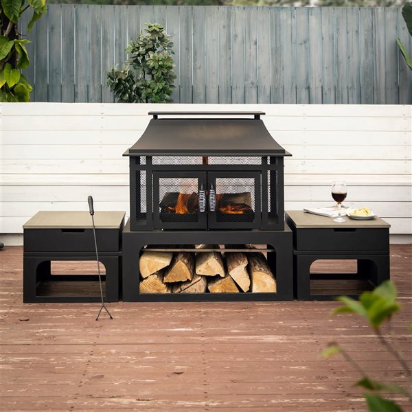 Deko Living Black Steel 70-in W Rectangular Outdoor Woodburning Fireplace w/ Log Storage Compartment and Side Tables