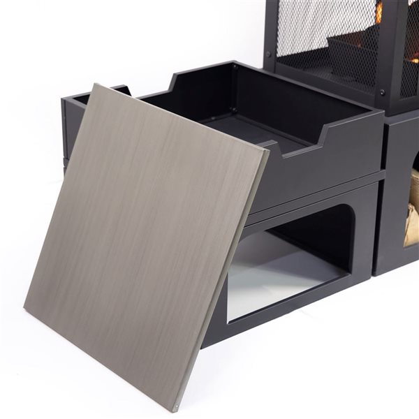 Deko Living Black Steel 70-in W Rectangular Outdoor Woodburning Fireplace w/ Log Storage Compartment and Side Tables