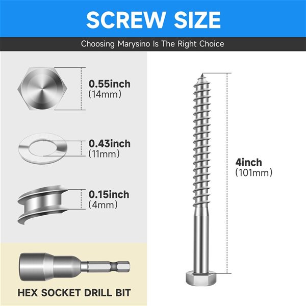 marysino 8-Set 3/8 x 4-in Stainless Steel Heavy-Duty Hex Head Lag Screw Set with Flat Washers