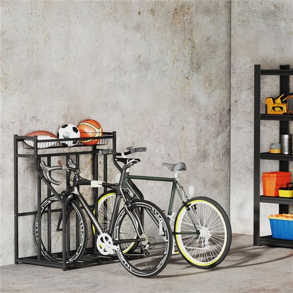 Soozier 3-Bike Rack with Storage Basket and Hooks