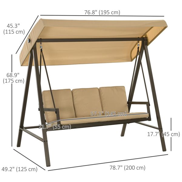 Outsunny 3-Seat Outdoor Swing Bench w/ Adjustable Canopy - Beige