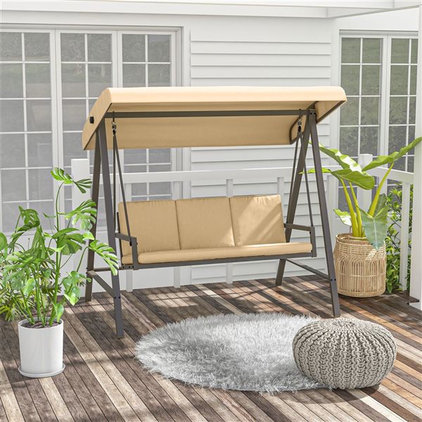 Outsunny 3-Seat Outdoor Swing Bench w/ Adjustable Canopy - Beige