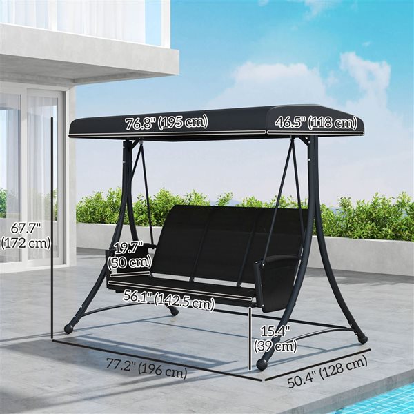 Outsunny 3-Seat Outdoor Swing Bench w/ Adjustable Canopy - Black