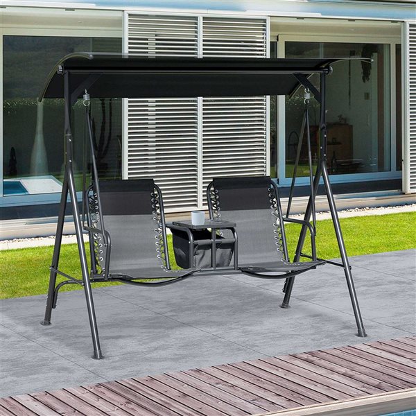 Outsunny 2-Seat Outdoor Swing Bench w/ Adjustable Canopy and Centre Table - Black