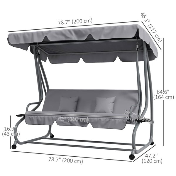 Outsunny 2-Seat Outdoor Swing Bench w/ Adjustable Canopy - Grey