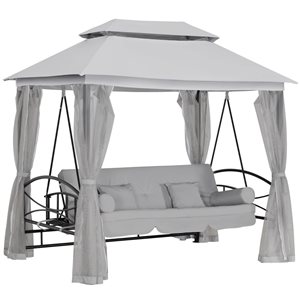 Chaise balançoire convertible d'extérieur à 3 places Outsunny avec auvent et rideaux en maille, gris