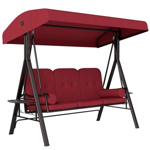 Chaise balançoire d'extérieur à 3 places Outsunny avec auvent et tablettes, rouge vin