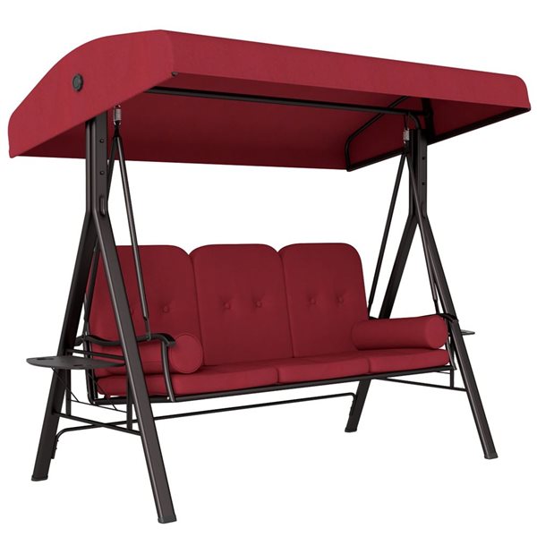 Outsunny 3-Seat Outdoor Swing Bench w/ Canopy and Side Tables - Wine Red