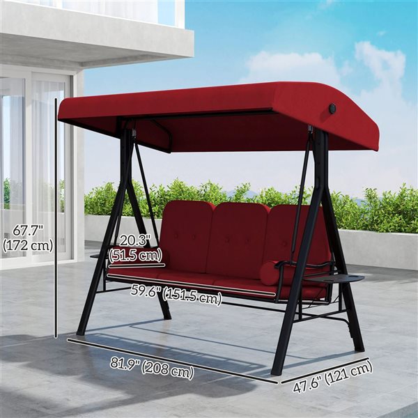 Outsunny 3-Seat Outdoor Swing Bench w/ Canopy and Side Tables - Wine Red