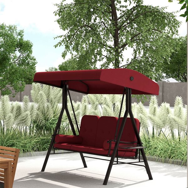 Outsunny 3-Seat Outdoor Swing Bench w/ Canopy and Side Tables - Wine Red